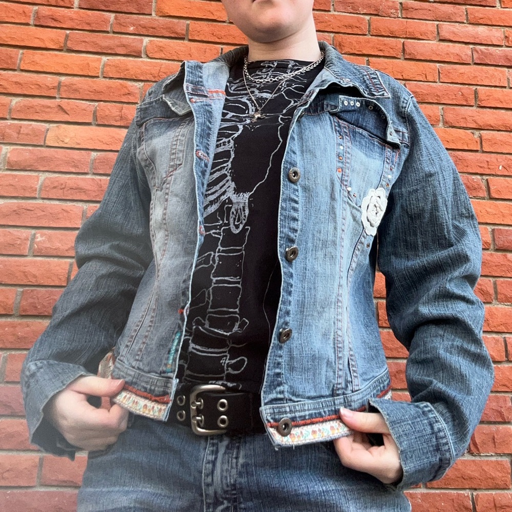 Y2K denim floral trim jacket